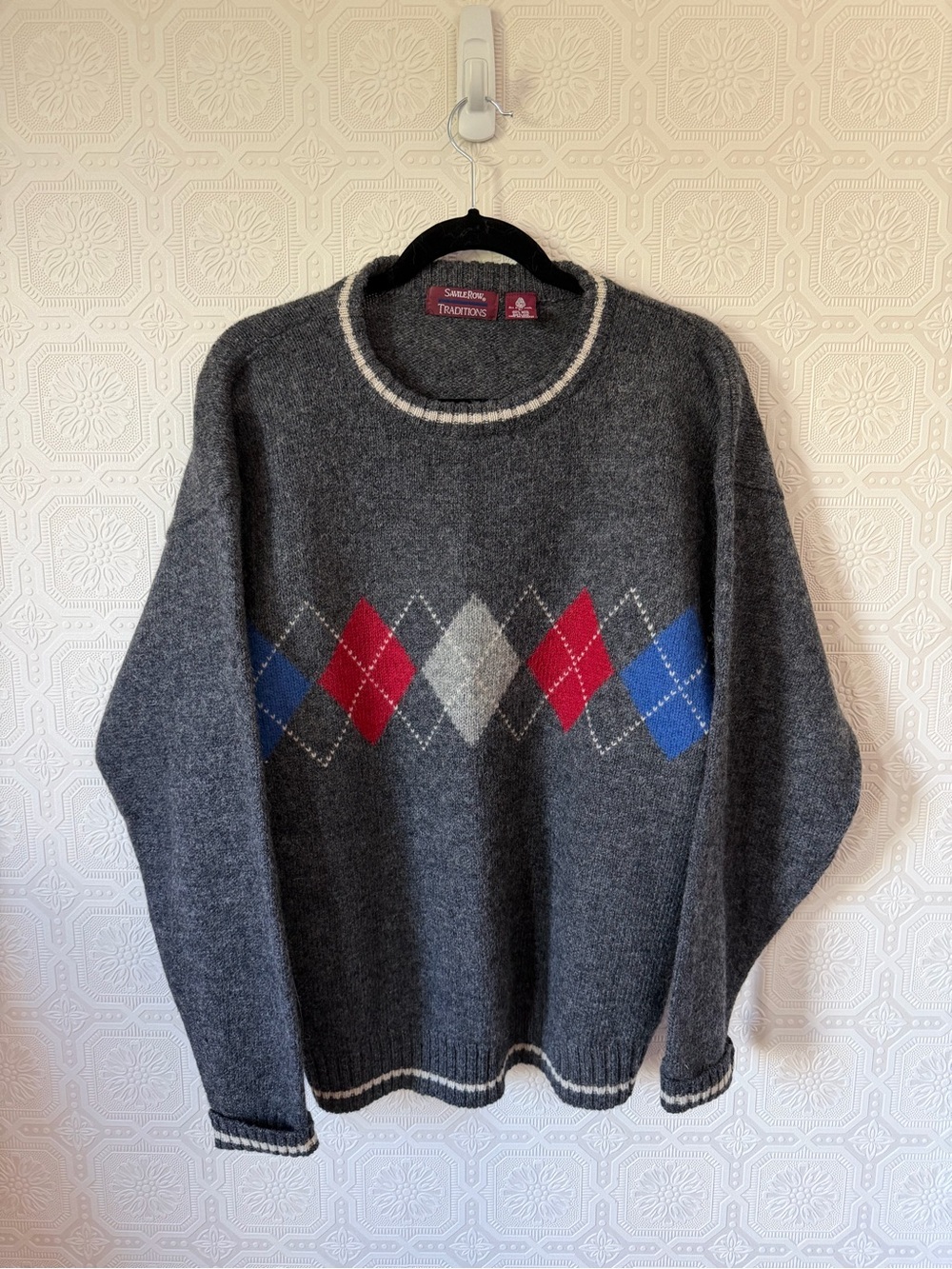 Vintage Savile Row Traditions Argyle Crewneck Sweater 100% Shetland Wool Size L